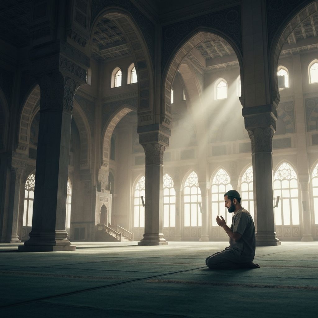 Man praying alone in a beautiful mosque with big windows
